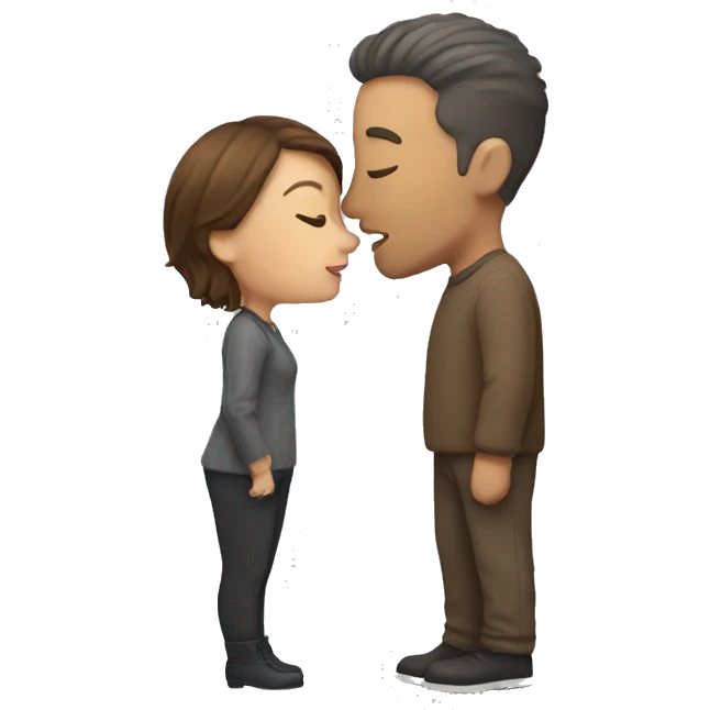 Short woman with brown hair kissing tall man with short hair with some slight gray  emoji