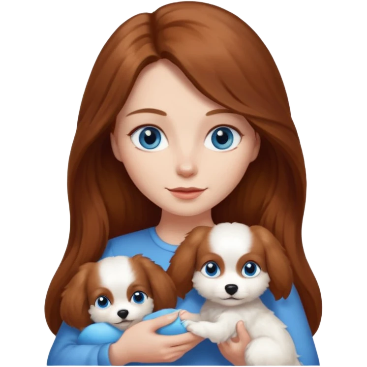 long hair chestnut color blue eyes woman holding small completely white dog emoji