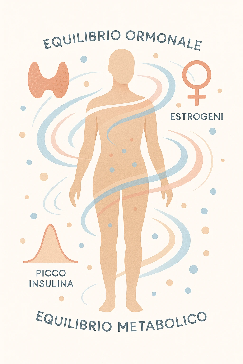 Il corpo è circondato da simboli delicati e bilanciati che rappresentano equilibrio ormonale e metabolico: piccoli cerchi, flussi energetici colorati, simboli stilizzati di tiroide, picco insulina, estrogeni. 4k immagine in italiano emoji