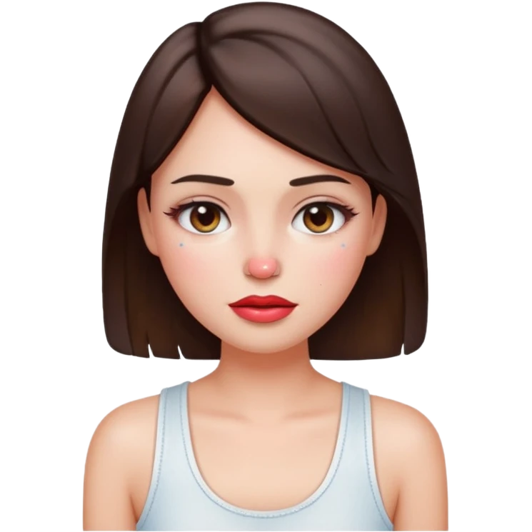 “Emoji brunette girl white tanktop, dewy skin, heavy blush across cheeks and nose bridge, glossy cherry lips, soft eyeliner, teary sparkling eyes like hanni from new jeans emoji