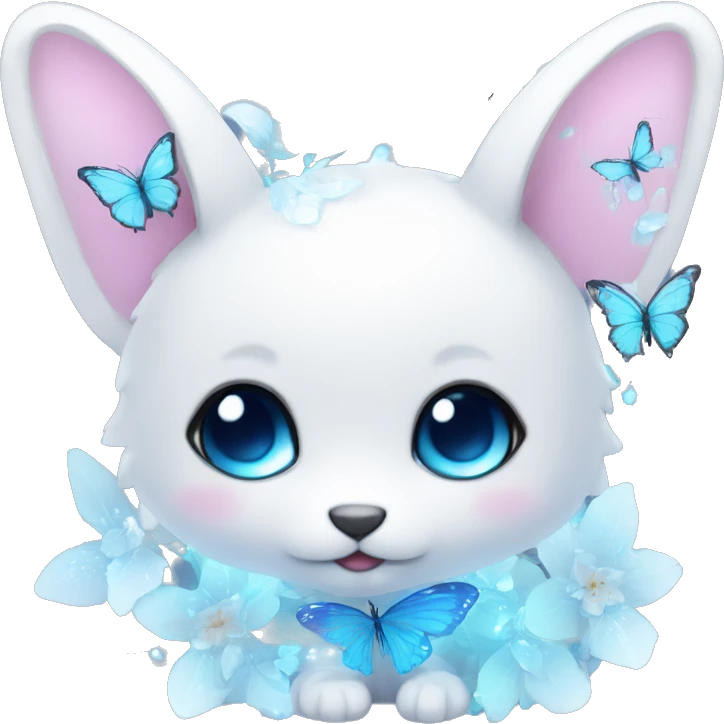 Edgy Cute Cool Kawaii gorgeous sparkly ethereal white fantasy animal with blue eyes sona with flowers and butterflies emoji