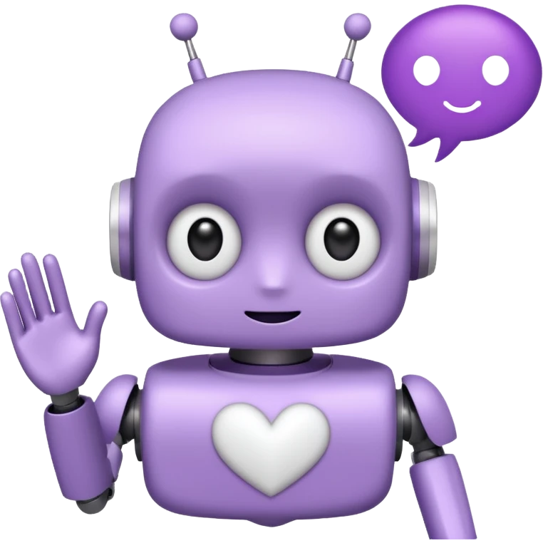 bot in flieder mit herzaugen in weiß mit sprechblase wo steht - lass uns Content erstellen emoji