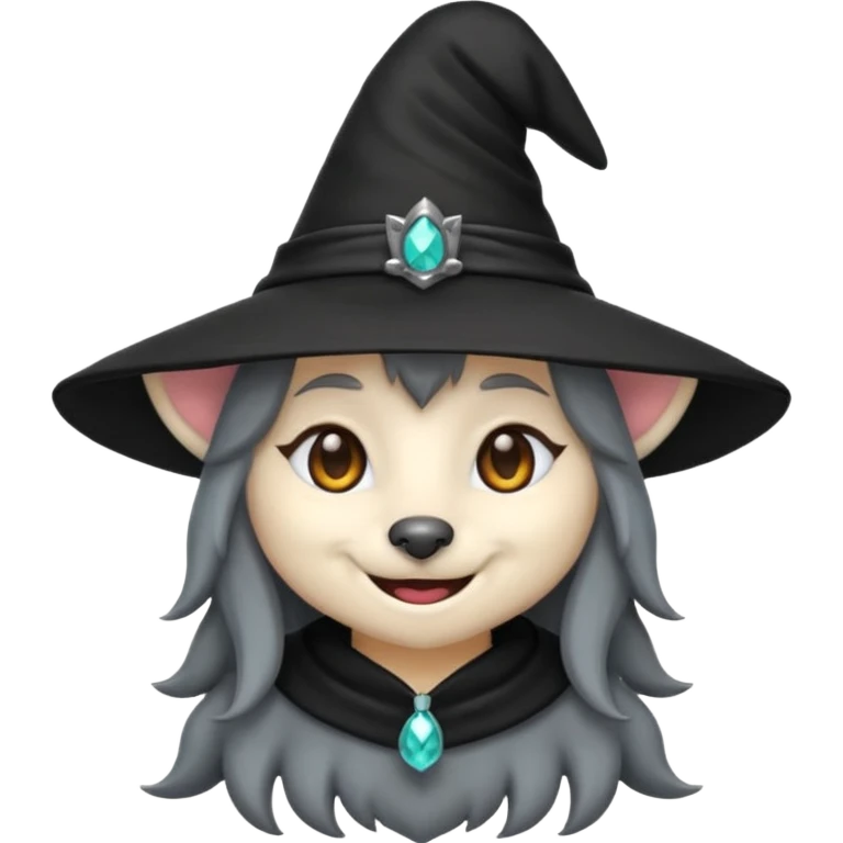 cute wolf witch emoji, smiling, wearing a pointy hat emoji