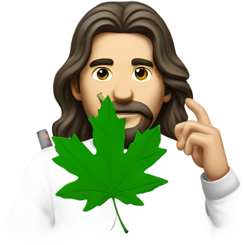 long haired man smoking a backwoods filled with green tobacco and has a shirt on with a green maple leaf  emoji