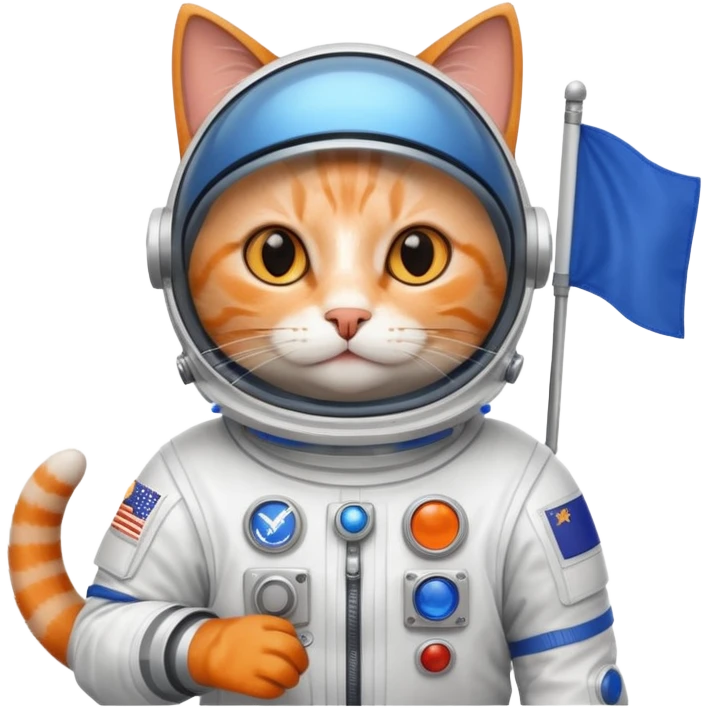 a cat in space suit, holding blue rectangle flag emoji