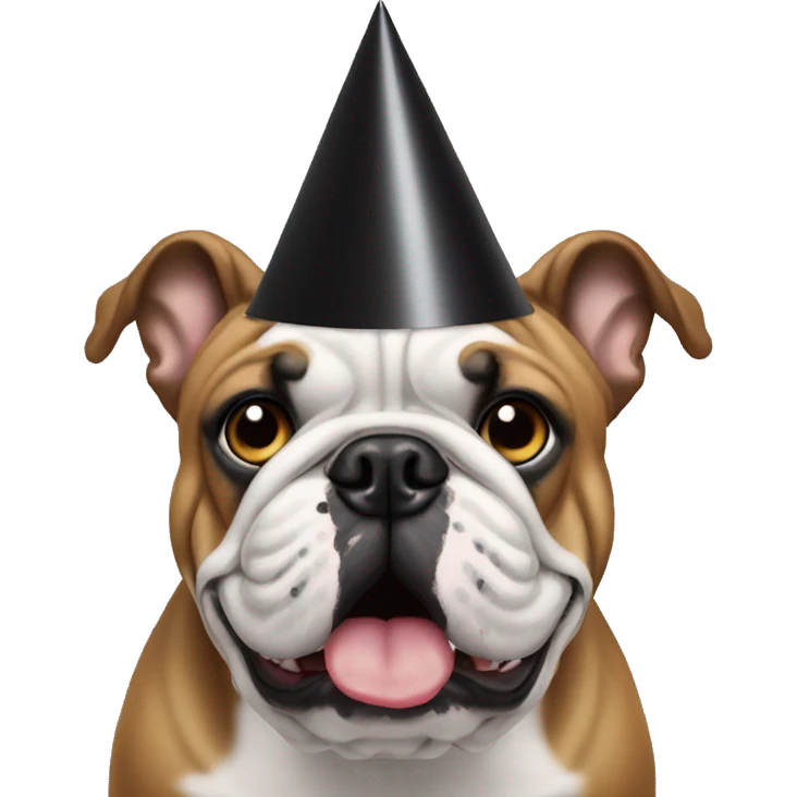 Bulldog with solid black face with party hat emoji