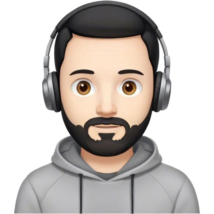 black hair, pale skin man with beard, 40 year old, round brown eyes, soft smile, wearing grey pro headphones with grey sweatshirt emoji