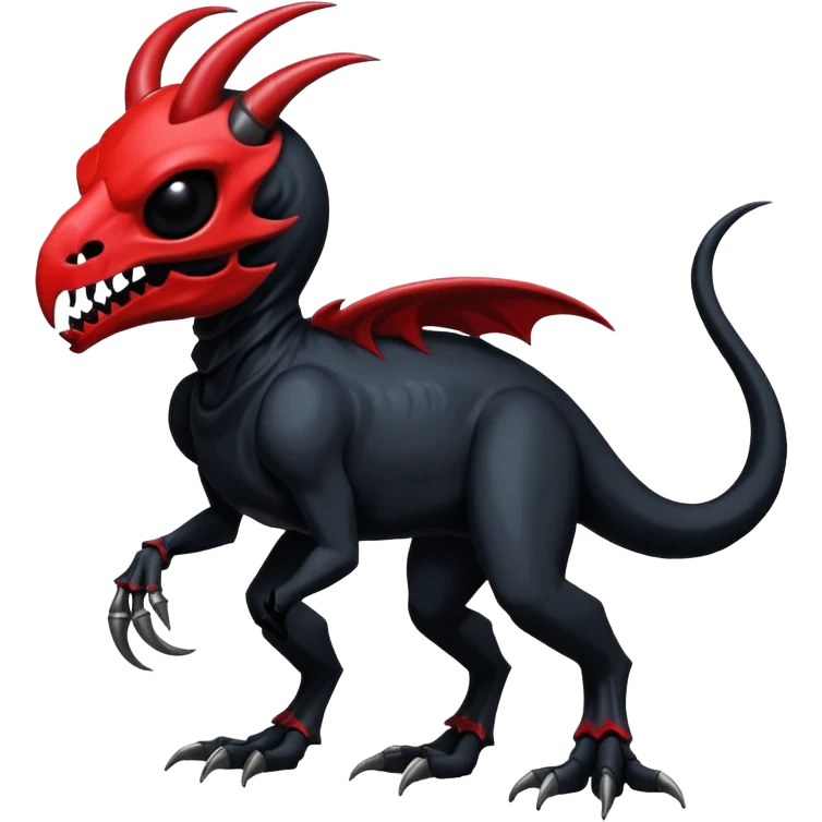 Shiny Dark Edgy  Duskull-Salandit-Inteleon-Amaura-Fakémon-hybrid-creature (full body) with a horned animal-skull-mask emoji