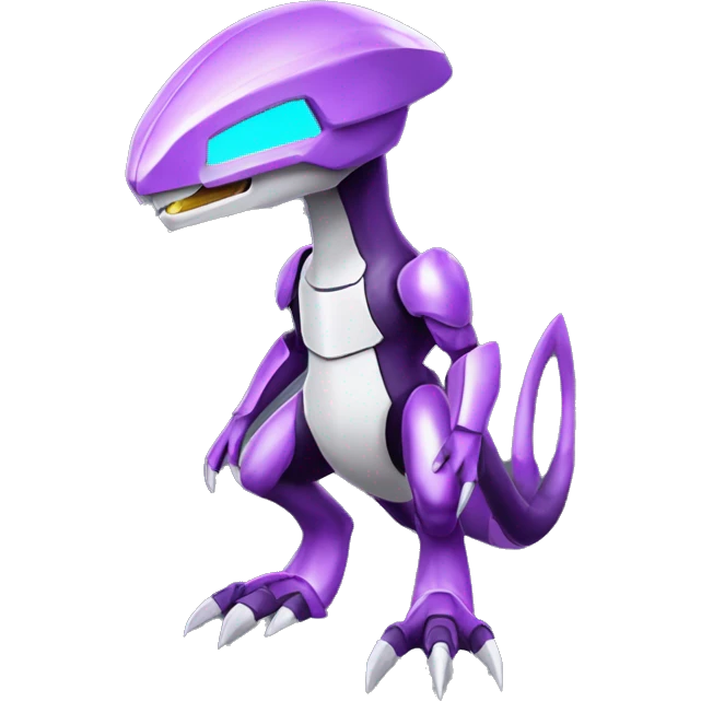 a shiny Genesect-Raptor-Fakémon—hybrid with a futuristic visor-helmet full body emoji