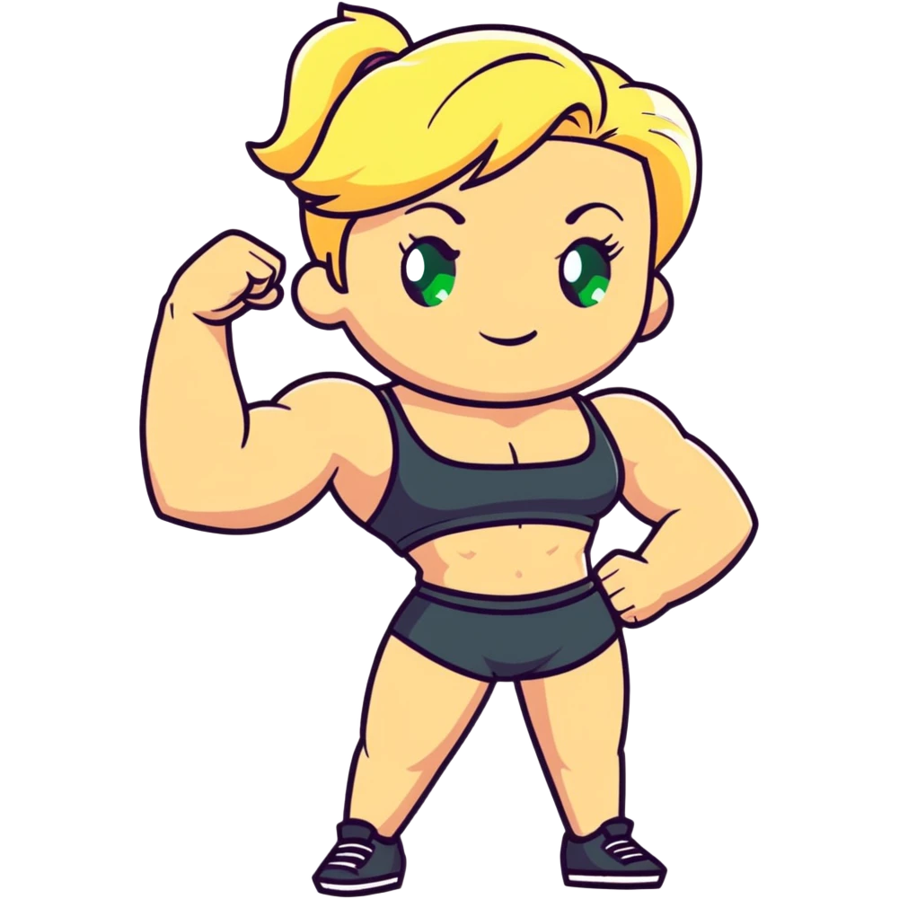 full body pose of a muscular white girl with blonde hair and green eyes, flexing 6 pack abs and one arm bicep emoji