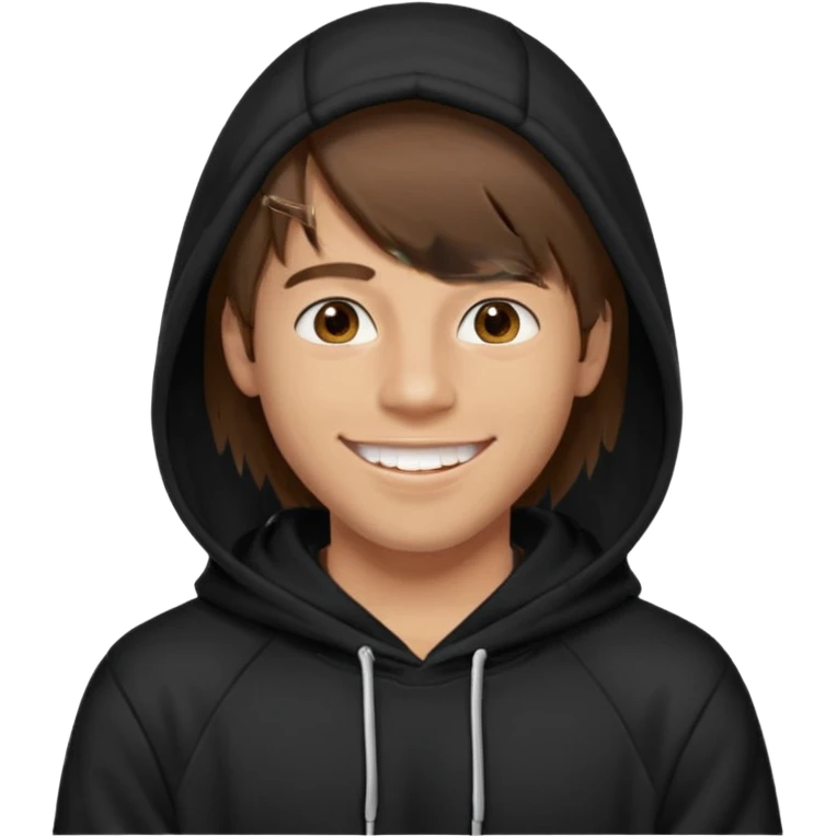 20 yr old man, brown hair, straight, big smile, white teeth, tanned skin, bangs, black hooded sweatshirt, long hair in back, center-parted bangs emoji