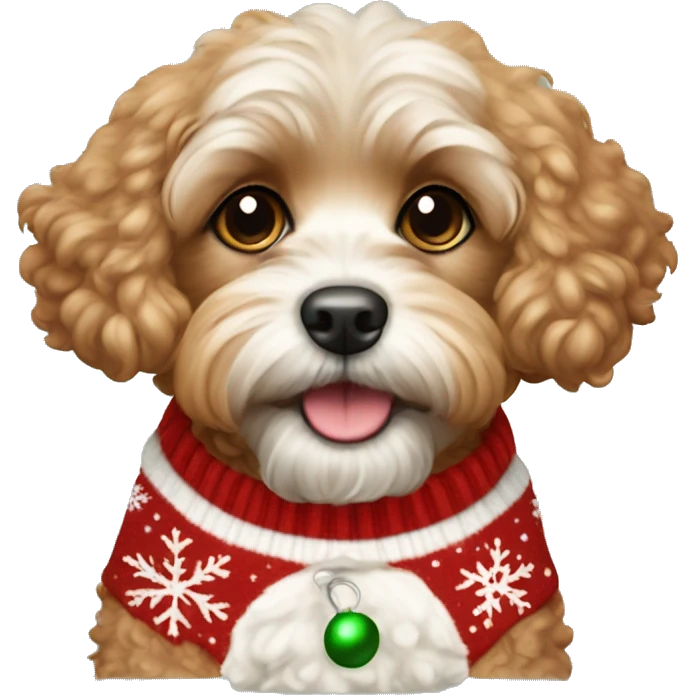 apricot colored cavapoo dog wearing a christmas sweater  emoji