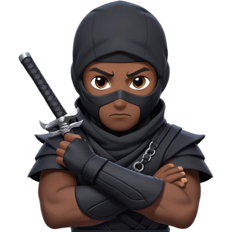 clash-of-clans-aesthetic_-cinematic-mysterious-male-ninja-portrait-emoji, rendered in a flat, vector-style with minimal shading and bold, simplified shapes, his arm is stretched out  with a head slightly turned revealing intense, focused eyes. the ninja has his arm out and perched on top of his forearm is  a black crow emoji