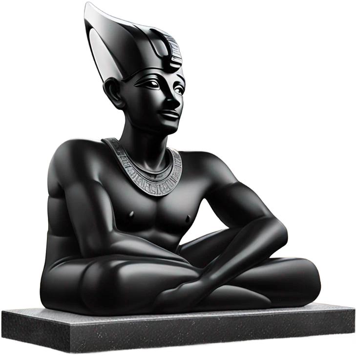 Osiris obsidian statue on granite 30 ton brick, massive size, sunlight behind, sunset colors, reflections on black stone polished clean perfect, photography angles emoji