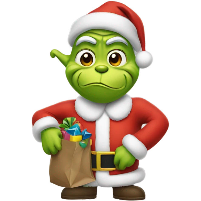 Grinch wearing Santa outfit with a bag of toys emoji