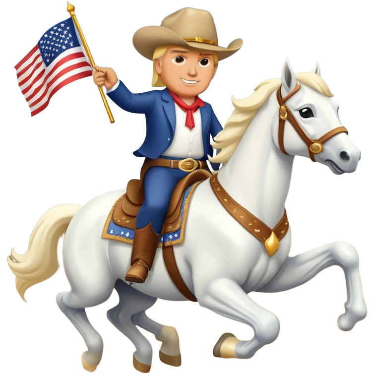 A cartoon-style emoji of Donald Trump riding a majestic white horse, wearing a cowboy hat and a confident smile, with a small American flag in his hand. The horse is galloping energetically, and the background is a simple desert landscape with a few  emoji