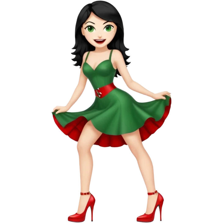 🕵🏻‍♀️💦🧥 black hair , green eyes , red high heels , dominatrix dress , laughing  emoji