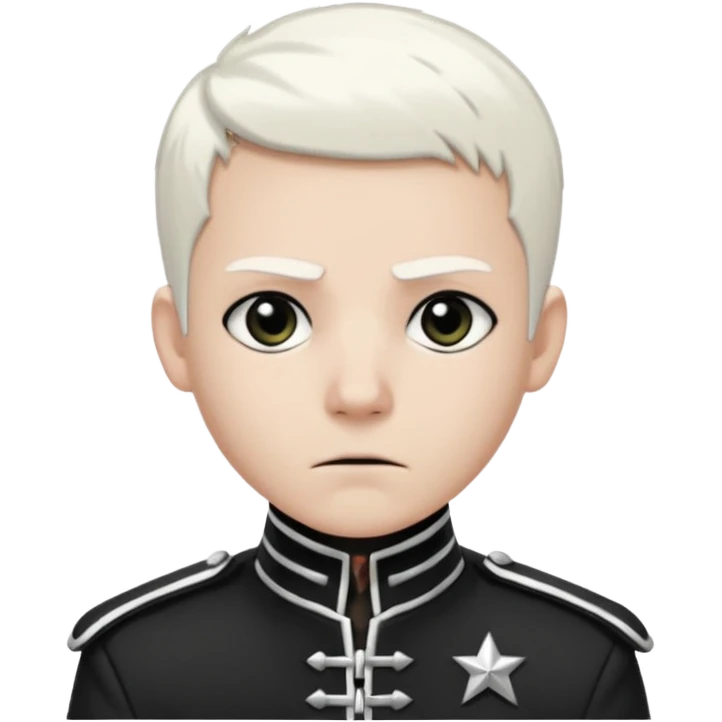 Head and shoulders emoji of a pale man with short white hair, wearing a black marching band jacket with silver trim. black eyeliner. Expression stoic, commanding, and theatrical, heroic emo style emoji