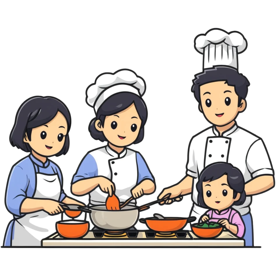 East Asian family with black hair cooking together in the kitchen emoji