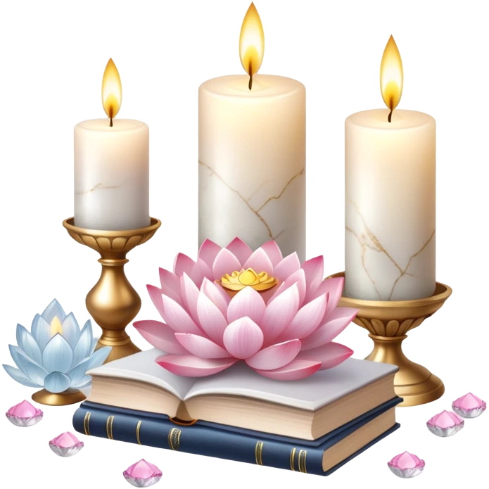 Aesthetic candles, flower petals, books, marble stand, crystal stones, lotus, feathers, zen, decoration, meditation,  emoji