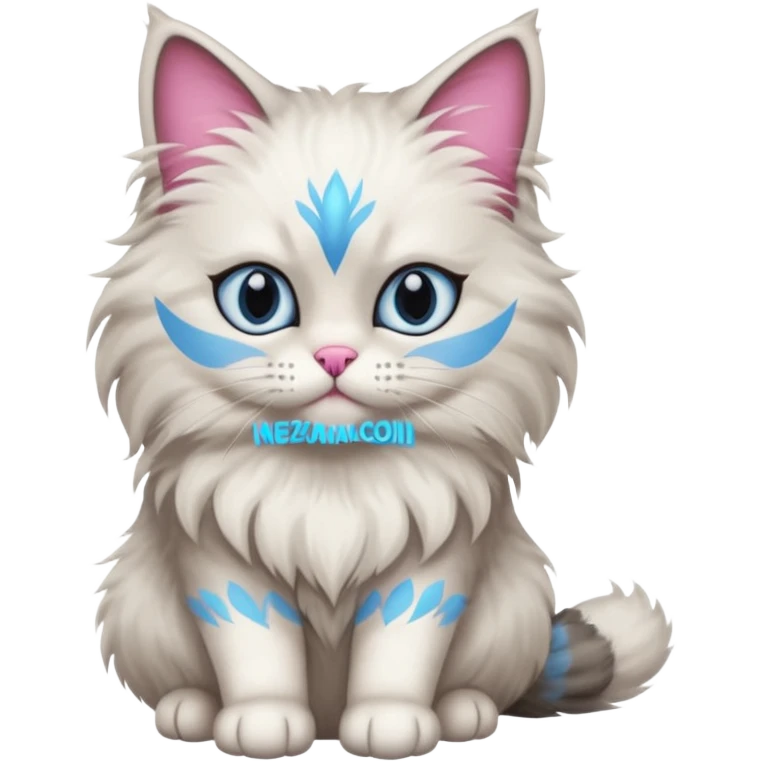 Neva masquerade cat, very fluffy, gray and white, blue eyes and pink nose emoji