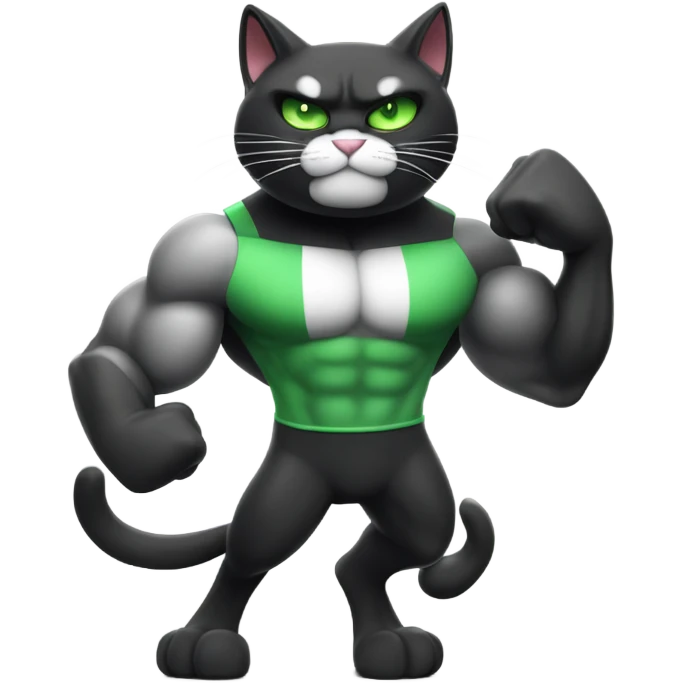 Ultra Muscular gigachad black and white Cat with green eyes flexing His biceps full body  emoji
