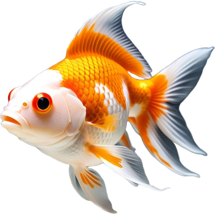 Cinematic Noble Orange and White Goldfish Portrait Emoji, Poised and regal, with a sleek, streamlined build and a vibrant body featuring a harmonious blend of orange and white hues, deep-set soulful golden eyes, Simplified yet sharp and sophisticated features, highly detailed, glowing with a soft, dignified glow, high shine, intelligent and graceful, stylized with an air of aquatic artistry, focused and attentive, soft glowing outline, capturing the essence of a watchful and confident aquatic companion, so majestic it feels as though it could glide out of the screen with effortless authority! emoji