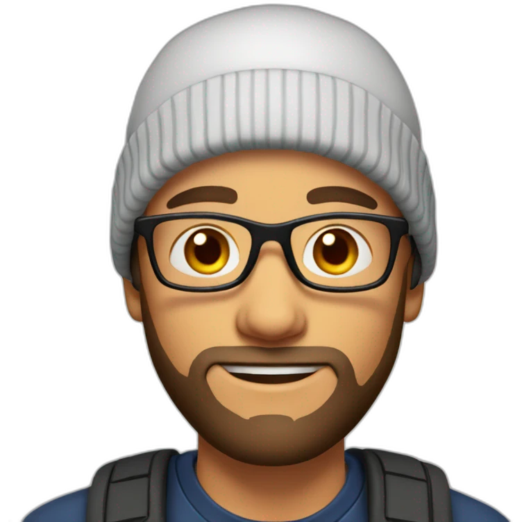 young dark-haired white man with a orange beanie, glasses and beard emoji