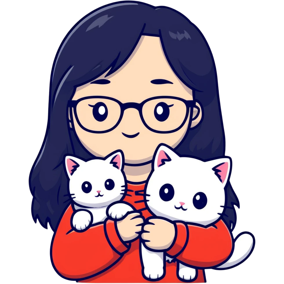 Girl with long black hair and glasses holding a white kitten emoji
