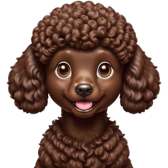 Cinematic Comical Chocolate Poodle Portrait Emoji, Head tilted dramatically with an exaggeratedly amused expression, featuring a glossy, curly chocolate Fur with a bouncy texture, wide, expressive brown eyes filled with playful disbelief, Simplified yet hilariously expressive features, highly detailed, glowing with a slightly sassy glow, high shine, dramatic yet playful, stylized with an air of cheeky mischief, bright and endearing, soft glowing outline, capturing the essence of a spirited and over-the-top companion, so meme-worthy it feels like it could side-eye its way into internet fame instantly! emoji