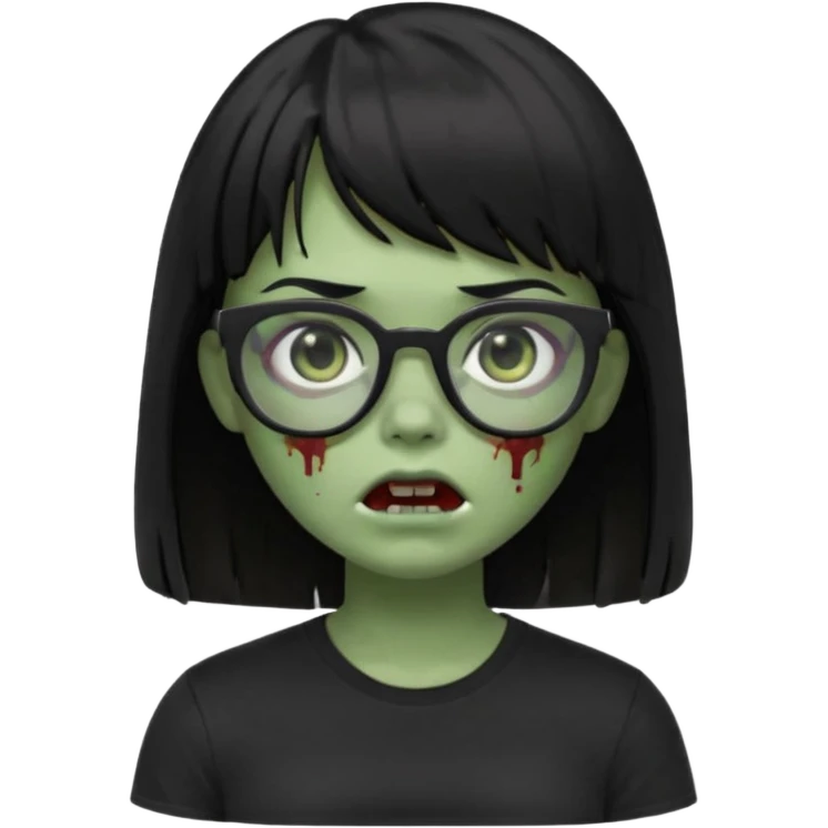 A zombie girl in Apple Memoji format with straight black hair with bangs, wearing a black shirt and black glasses emoji