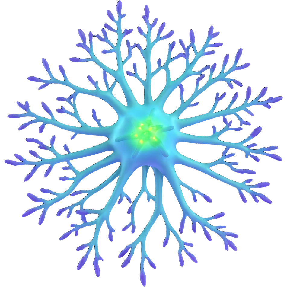 3D scientific neuron with blue soma, purple dendrites, green axon with myelin, surrounded by radiant shield-like protective aura, highly detailed realistic 3D rendering emoji