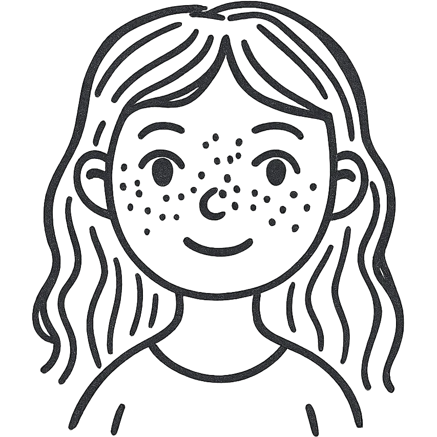 a girl with warm brown slightly wavy hair, blue eyes, and lots of freckles, hand-drawn sketch style emoji