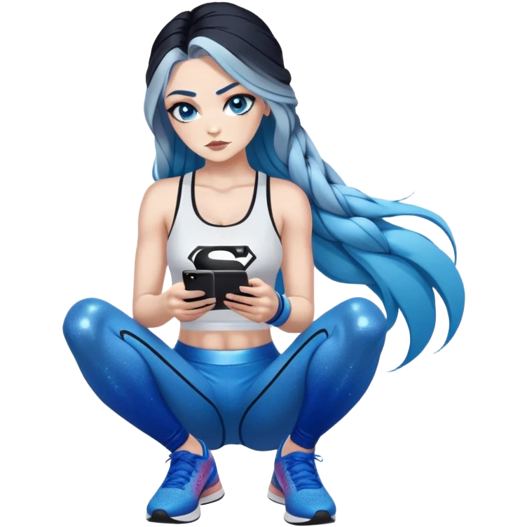 Shameful-Female-very very very large chest-texting on a samsung cell phone-very long straight braided black to sky blue hair ombre-blue eyes-black eyeliner-long eyelashes-iridescent low cut tank top with glitter superman logo-white leggings-nike high top sneakers emoji