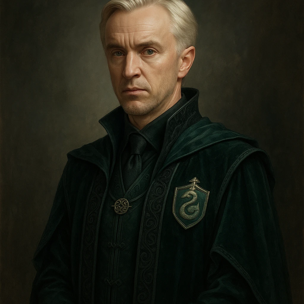 Draco Malfoy at 37 years old, silver-blond hair, sharp features, elegant Slytherin-inspired robes, mature but not old, fantasy style emoji