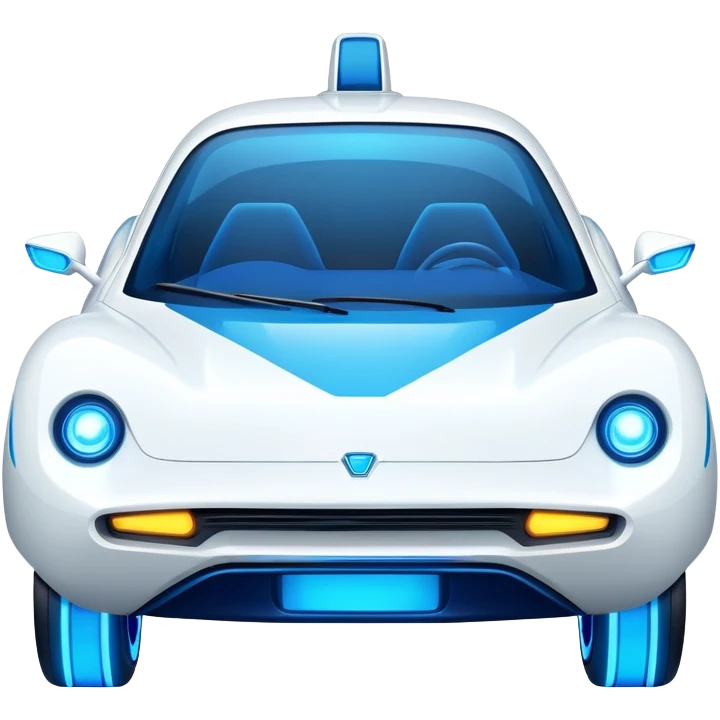 Futuristic retro hover white car with very sharp angular design and intense glowing blue wheels, direct front view showing headlights, flat vector style, minimal color palette with blue accents emoji