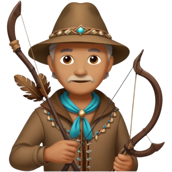The classic image of a middle-aged uncle hunter carrying a bow, dressed in brown clothes, with some ornaments made of feathers, bones or teeth on his body. emoji