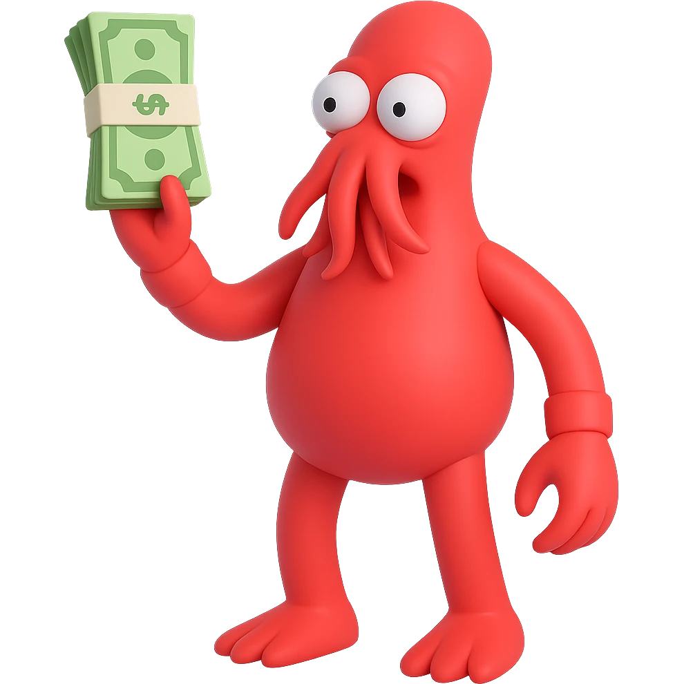Full body 3D emoji style illustration of Zoidberg from Futurama holding up a stack of money, no background. Use 3D emoji style as the target style. emoji
