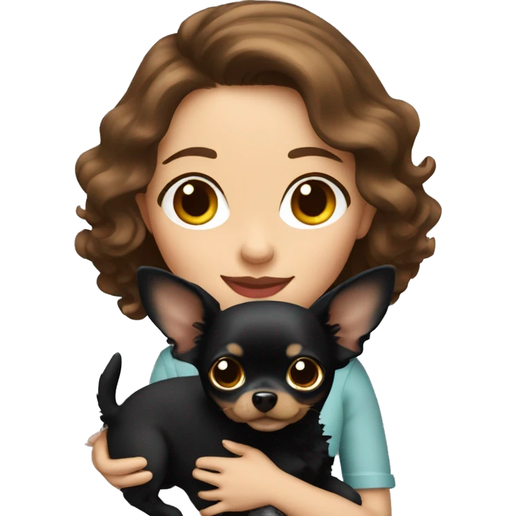Pretty woman with brown wavy hair holding a black chihuahua  emoji