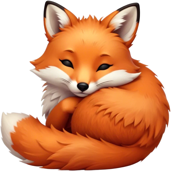 Cinematic cute sleepy fox, curled into a cozy fluffy ball, warm glowing fur, tiny black nose resting on its tail, soft breathing visible, peaceful and charming. emoji