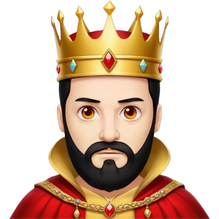 

a yellow king, red eyes, 60 years old, black hair, black beard, wearing a crown, red robe, fierce face emoji
 emoji