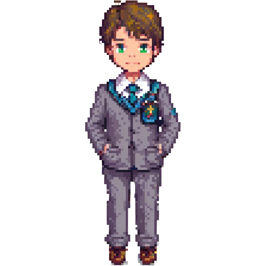 young boy in a Gilbert Inglefield school uniform, pixel art style emoji