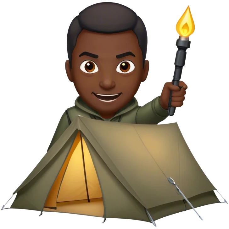 dark skinned black man hovering over a tent aiming his flashlight at the tent with an evil smile on his face emoji