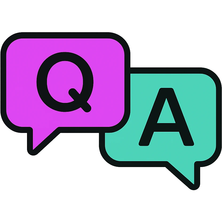 Enhance the purple and teal colors of the chat bubbles to be more vibrant and saturated while keeping the Q and A letters clear and maintaining rounded corners in a minimal modern icon style. emoji