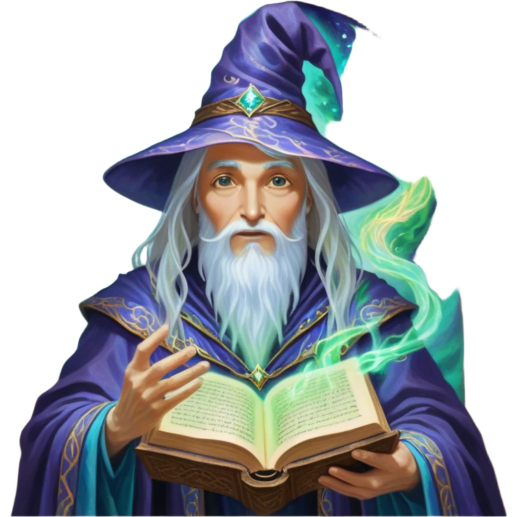 A luminescent enchanting Wizard stands beside a mystical spell book, his ethereal presence shimmering with otherworldly energy, each detail radiating with mystical power and ancient wisdom. The painting, a masterpiece of acrylic art, captures the Wizards hauntingly beautiful visage in exquisite detail. Swirls of cosmic colors dance around him, evoking a sense of celestial wonder, while intricate patterns of glowing runes adorn his intricate robe. The image is vivid and captivating, drawing viewers into a mesmerizing realm of fantasy and magic. emoji