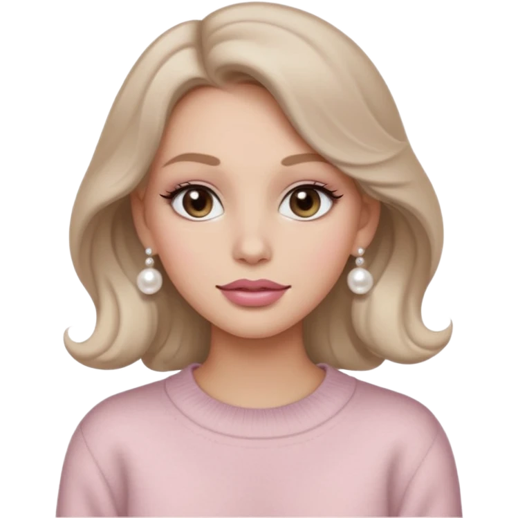 “Emoji girl, soft matte skin, neutral taupe eyeshadow, light rose lips, subtle contour, pearl earrings, loose waves, wearing cream cashmere sweater.” emoji