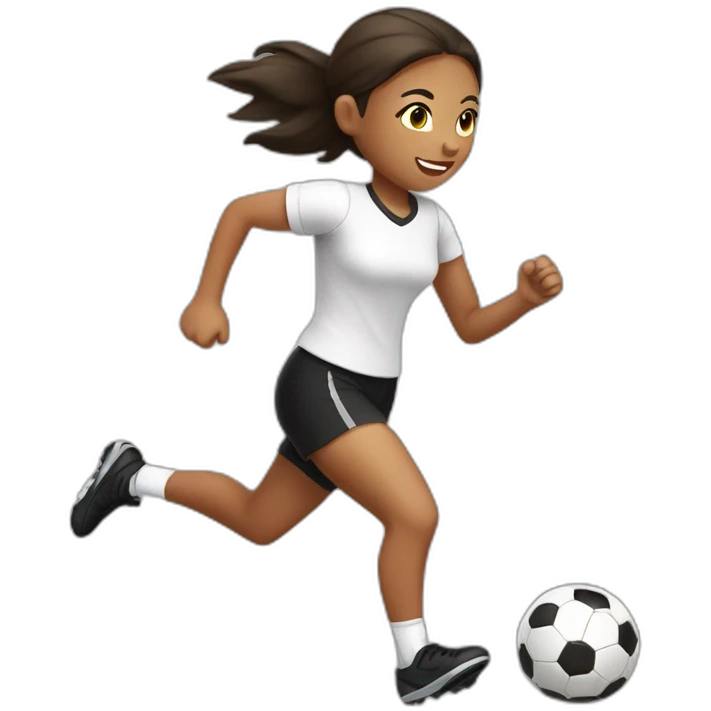 Girl running with a soccer ball wearing White short and black shorts emoji