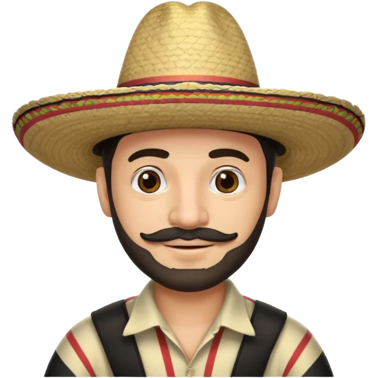 A happy fair skinned Colombian man with some facial hair wearing a black and beige stripped Colombian sombrero emoji