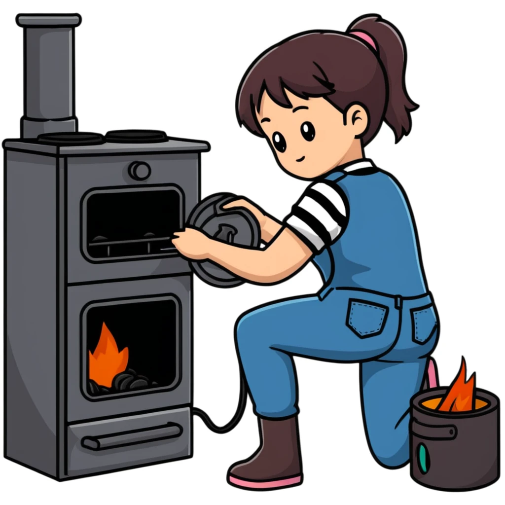 Metal cylindrical coal stove with a girl cleaning it while kneeling, seen from behind, wearing jeans and a striped shirt emoji