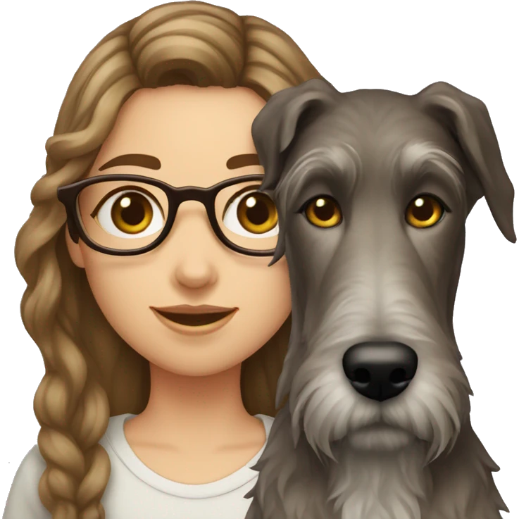 Brown wavy hair girl with glasses and an Irish wolfhound dog emoji